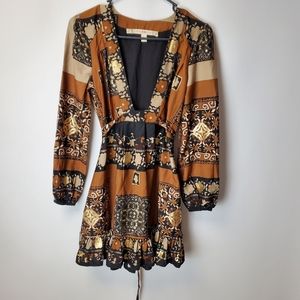 Chelsea & Violet Brown & Gold Deep V Mini Dress XS